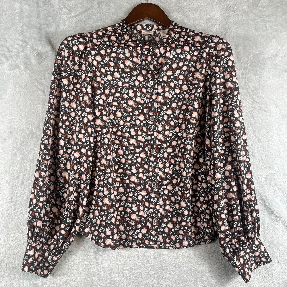 Levis Womens M Floral Prairie Blouse Black Pink Boho Cottagecore Peasant Shirt